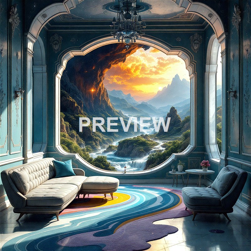 The image depicts an elegant interior room with a large, ornate window showing a breathtaking landscape of mountains, waterfalls, and a glowing sunset or sunrise.